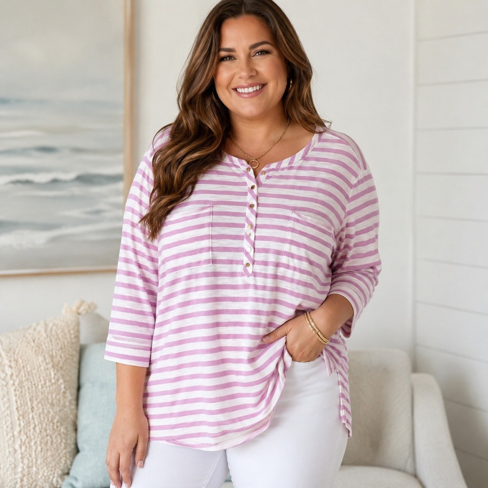 Chico's Pink Striped Henley Top Coastal Preppy Casual XL Relaxed Fit